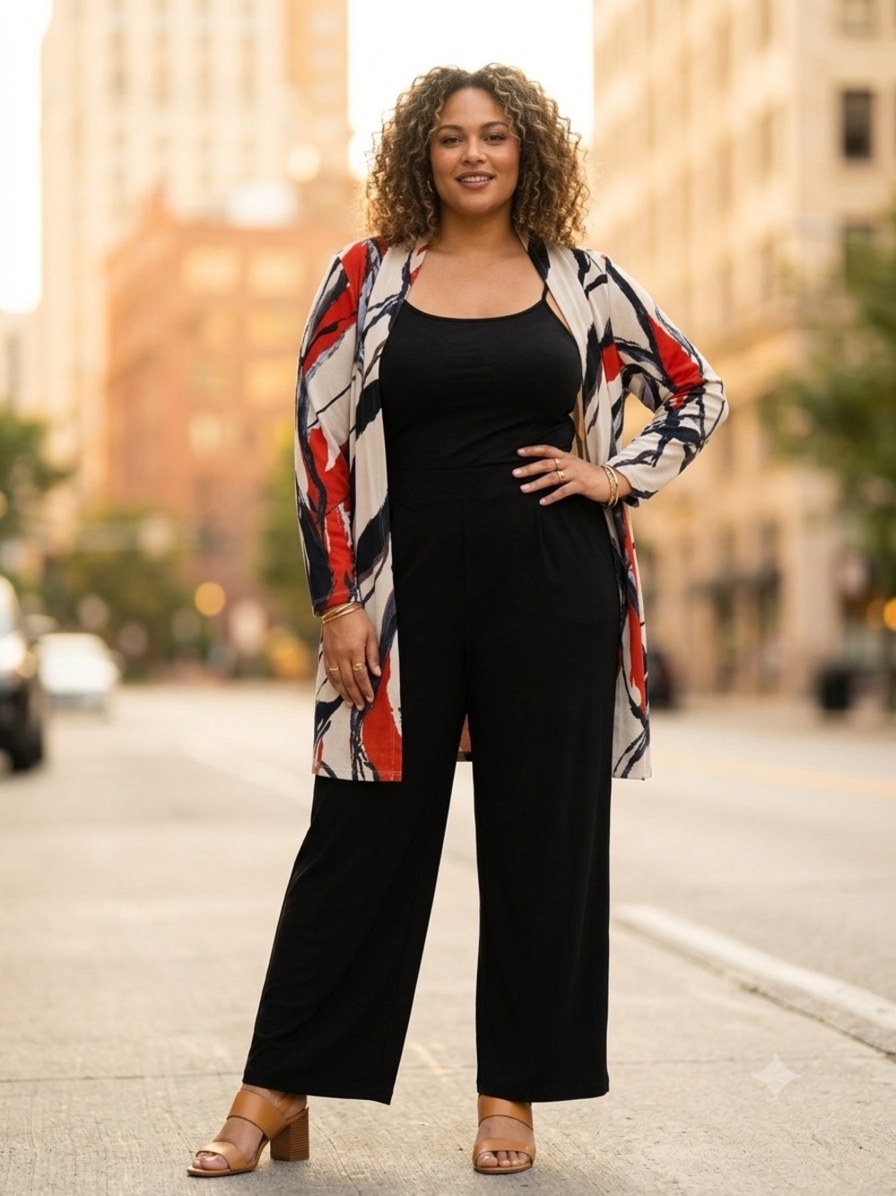 IMAN Open-Front Cardigan in Cream, Black & Coral
